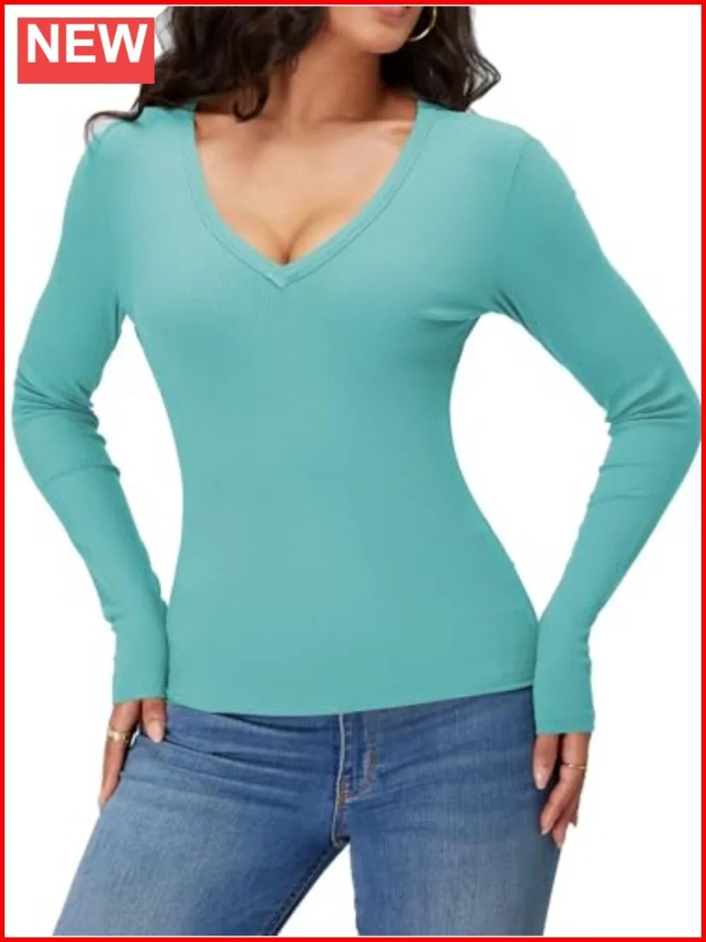 Women Long Sleeve V Neck Ribbed Knit Slim Fit Business Casual Work Top